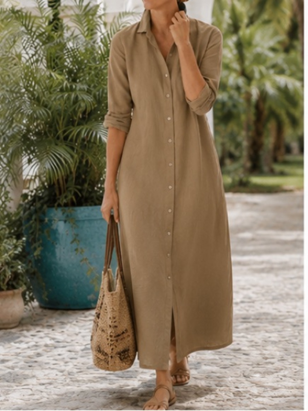 NWT Unbranded 100% Cotton Maxi Shirt Dress Khaki Long Sleeve Excellent Size L - Picture 3 of 5
